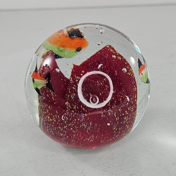 Art Glass Paperweight With Red Core Swimming Fish Orange Green - Picture 8 of 8